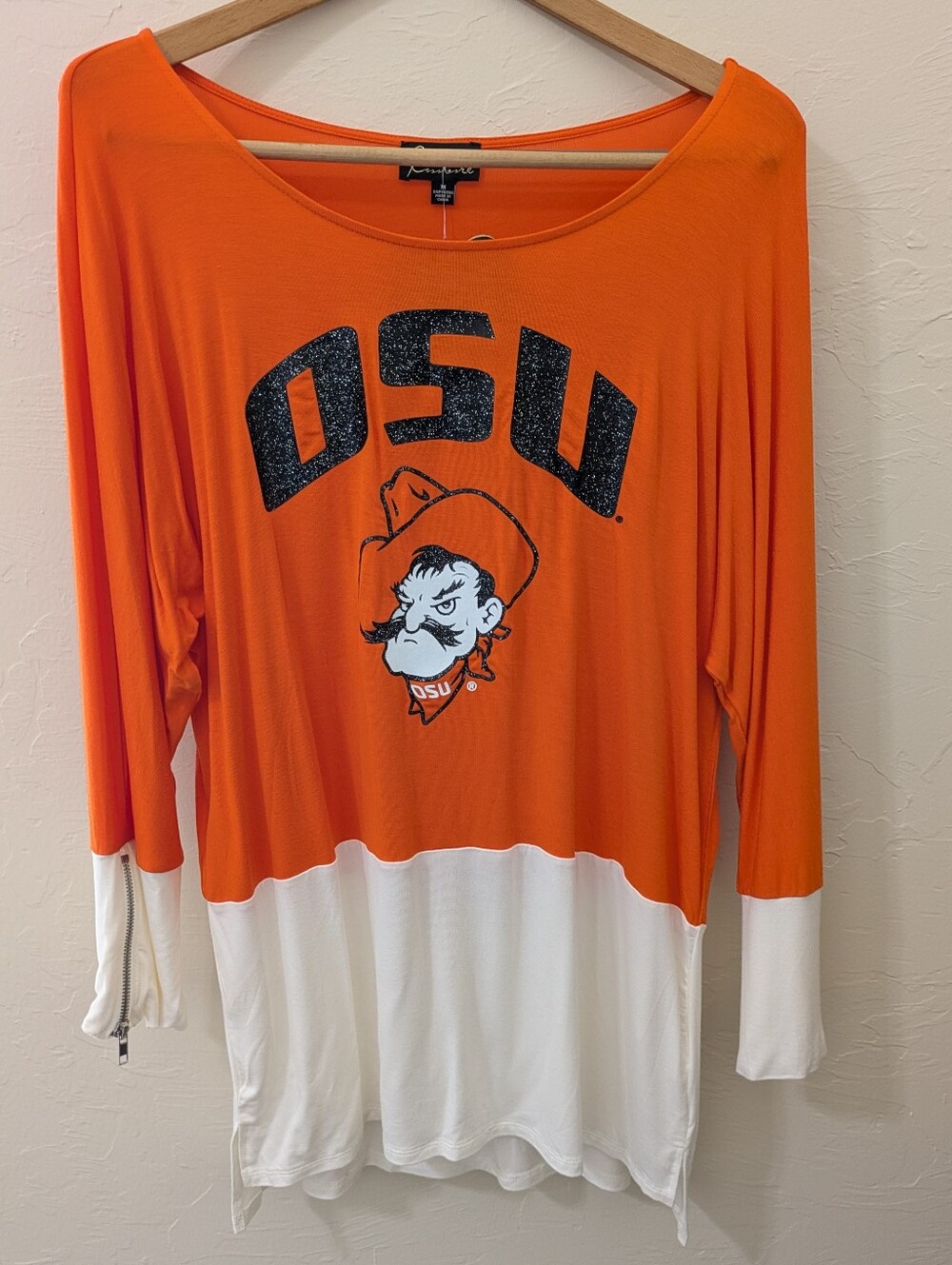 Oklahoma State OSU Two-Tone Orange & White Women's Long Sleeve Top Medium